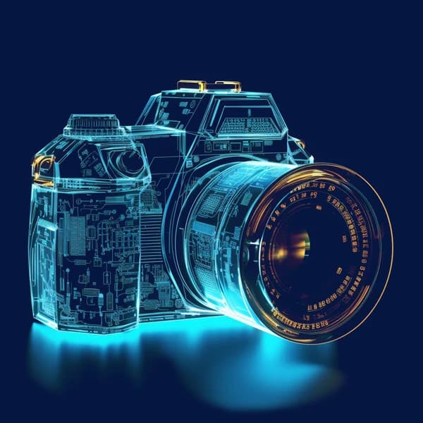 Aparat foto profesional redat în stil wireframe pe fundal albastru